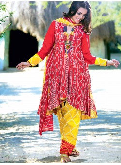 Unstitch, Women's/Girls Collections, Bandhani Cotton Printed Shirt,Dupatta and Dyed Salwar Kameez(3Pcs), Red Color.