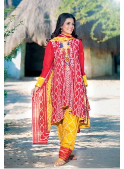 Unstitch, Women's/Girls Collections, Bandhani Cotton Printed Shirt,Dupatta and Dyed Salwar Kameez(3Pcs), Red Color.