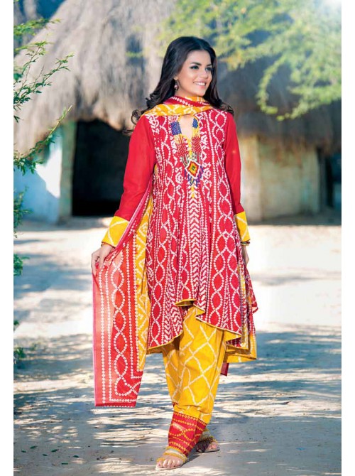 Unstitch, Women's/Girls Collections, Bandhani Cotton Printed Shirt,Dupatta and Dyed Salwar Kameez(3Pcs), Red Color.