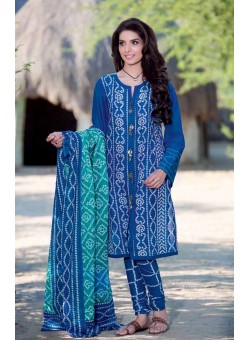 Unstitch, Women's/Girls Collections,Bandhani Cotton Printed Shirt, Sleeves, Dupatta and Salwar Kameez(3Pcs), Blue Color.