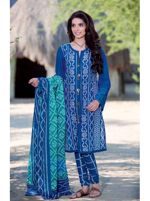 Unstitch, Women's/Girls Collections,Bandhani Cotton Printed Shirt, Sleeves, Dupatta and Salwar Kameez(3Pcs), Blue Color.