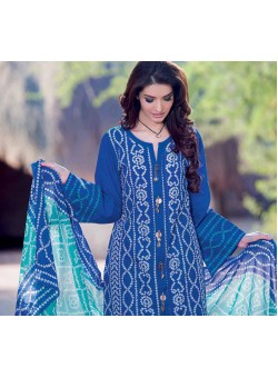 Unstitch, Women's/Girls Collections,Bandhani Cotton Printed Shirt, Sleeves, Dupatta and Salwar Kameez(3Pcs), Blue Color.