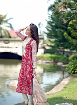 Unstitch,Branded, Women's/Girls Collections, Embroidered Cotton Lawn Shirt and Printed Sleeves Salwar Kameez(3pcs)