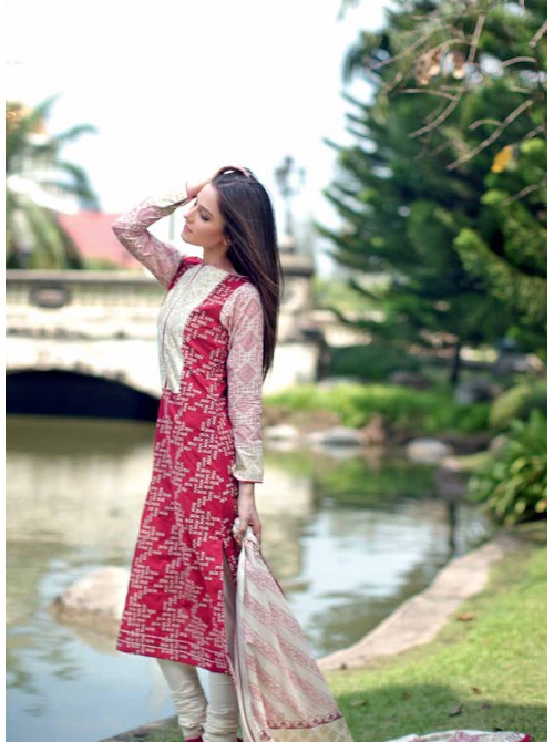 Unstitch,Branded, Women's/Girls Collections, Embroidered Cotton Lawn Shirt and Printed Sleeves Salwar Kameez(3pcs)