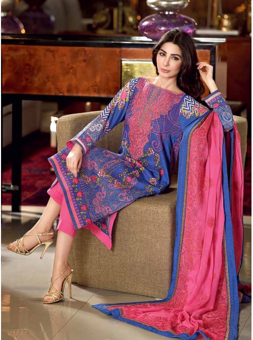 Unstitch,Branded, Women's/Girls Collections,Premium Embroidered Chiffon Printed Shirt,Sleeves,Chiffon Dupatta and Dyed Cotton Salwar Kameez(3pcs)