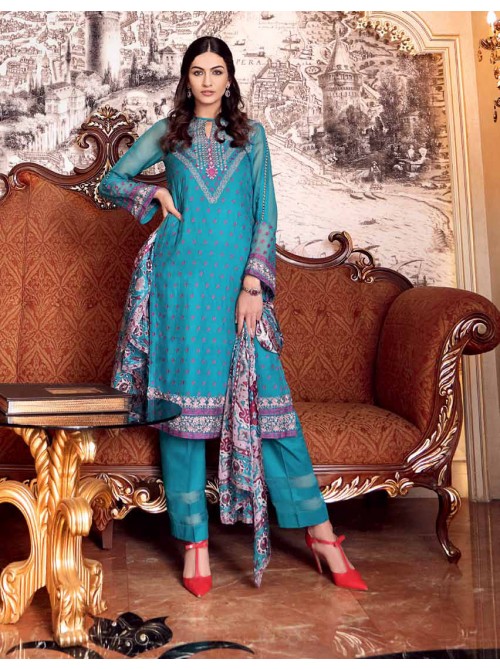 Unstitch,Branded, Women's/Girls Collections,Satin Silk Trencia Embroidered Chiffon Front,Dyed Back,Printed Silk Dupatta and Dyed Salwar Kameez 