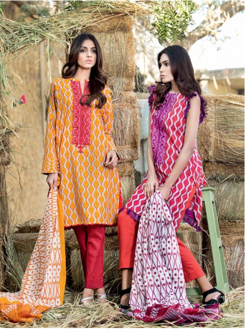 Unstitch,Branded, Women's/Girls Collections,Two Piece Cotton Embroidered Printed Shirt and Dupatta Salwar Kameez(3pcs)